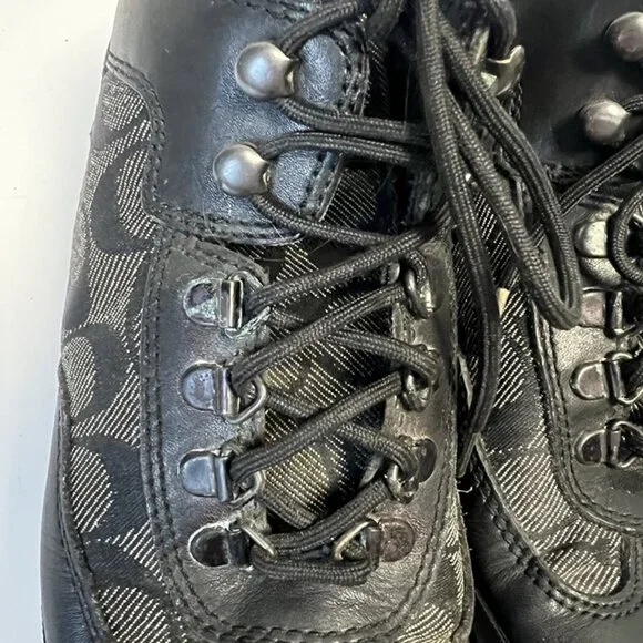VTG Coach Women’s 7.5 Black Leather Monogram Hiking Boots Chunky Gorpcore Y2K - Picture 6 of 11
